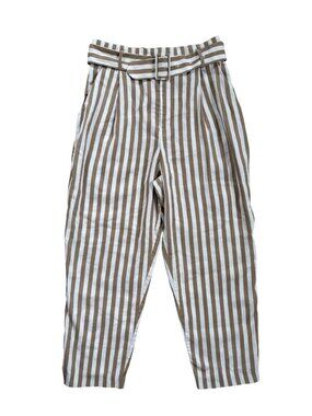 Striped High-Waisted Pants With Belt Beige & White Size US 8 H&M Viscose Blend